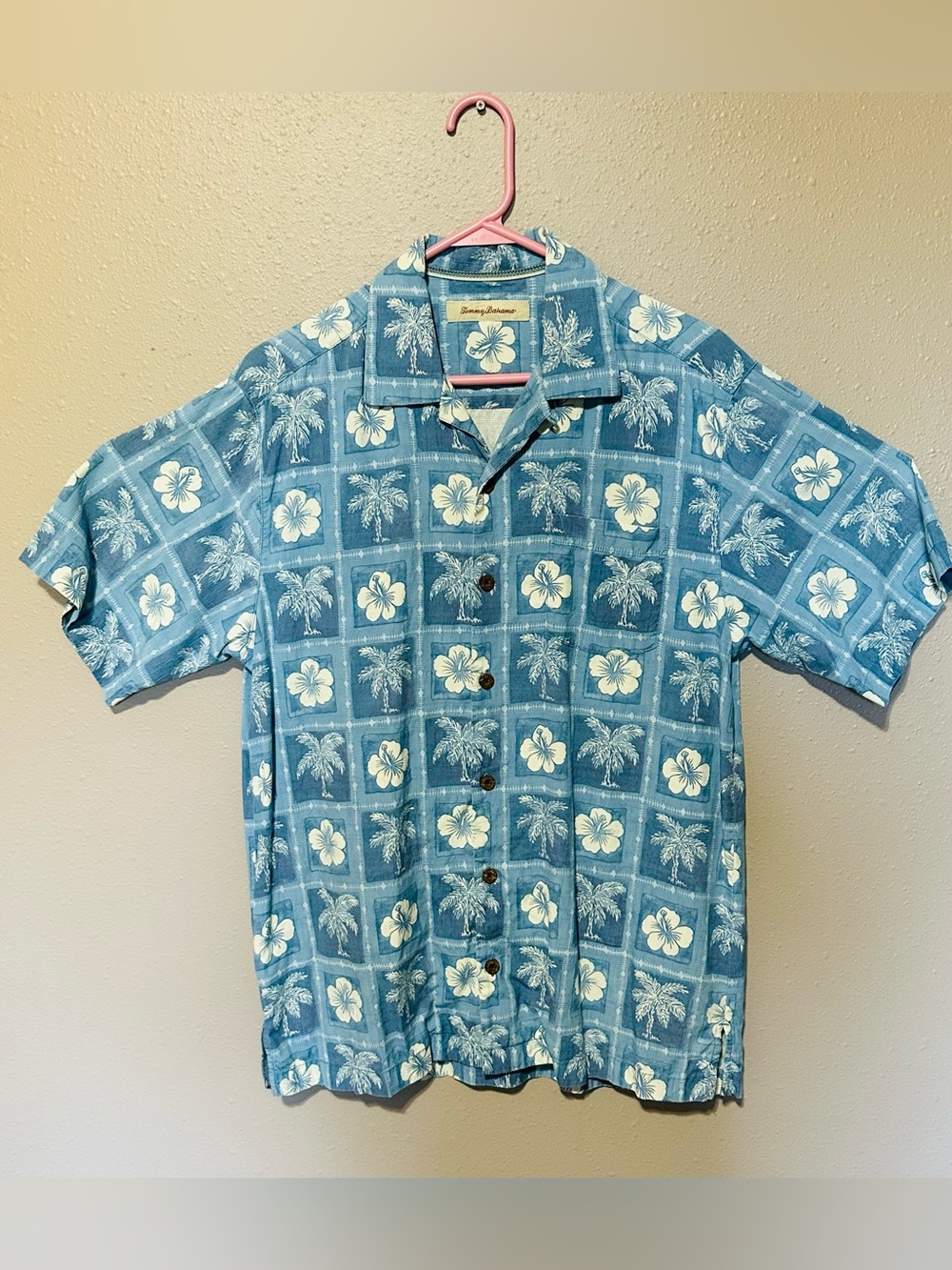 Tommy Bahama 100% Silk Shirt Men's S Blue Short Sleeve Hawaiian Floral Palms